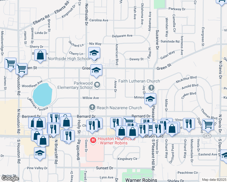 map of restaurants, bars, coffee shops, grocery stores, and more near 101 Gordon Street in Warner Robins