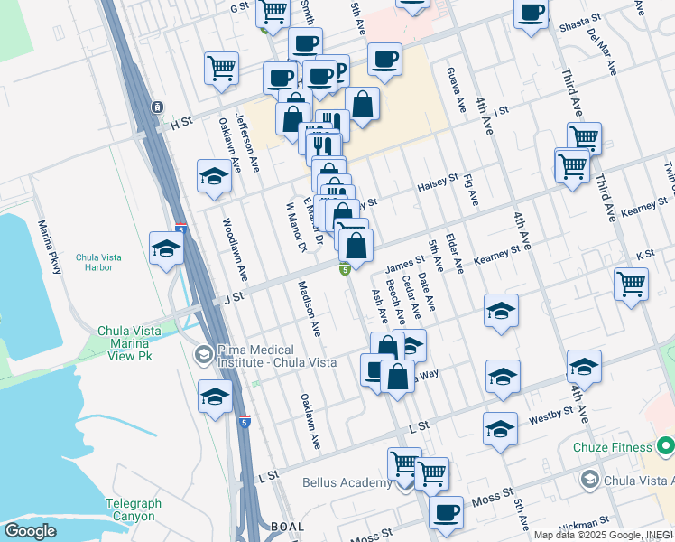 map of restaurants, bars, coffee shops, grocery stores, and more near 706 Broadway in Chula Vista