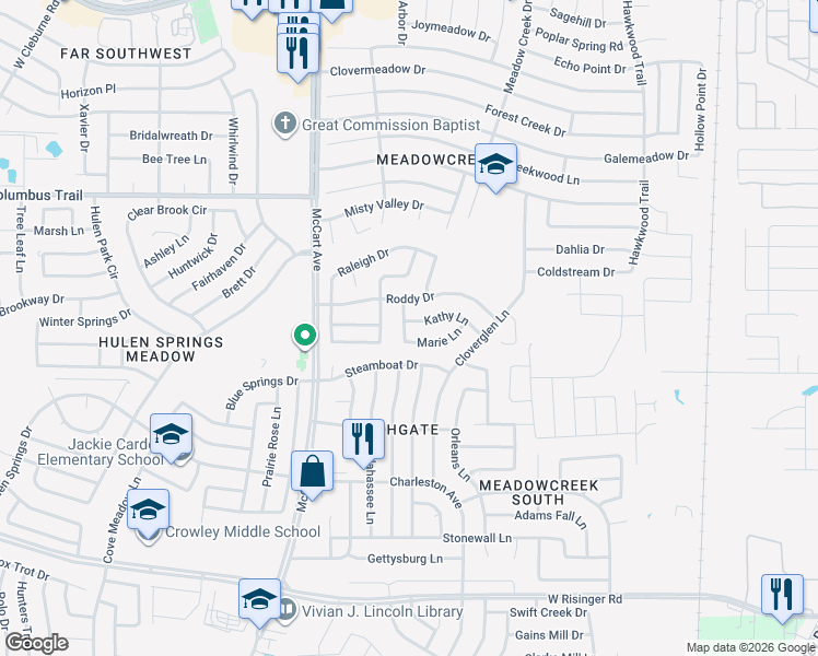 map of restaurants, bars, coffee shops, grocery stores, and more near 8208 Marie Lane in Fort Worth