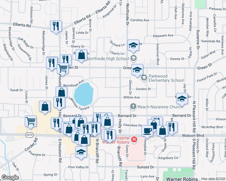map of restaurants, bars, coffee shops, grocery stores, and more near 115 Briardale Avenue in Warner Robins