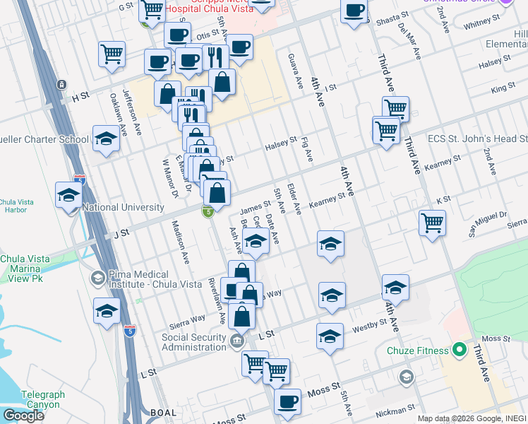 map of restaurants, bars, coffee shops, grocery stores, and more near 2 Date Avenue in Chula Vista