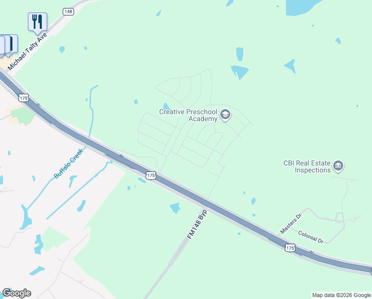 map of restaurants, bars, coffee shops, grocery stores, and more near 2310 Rosebriar Street in Crandall