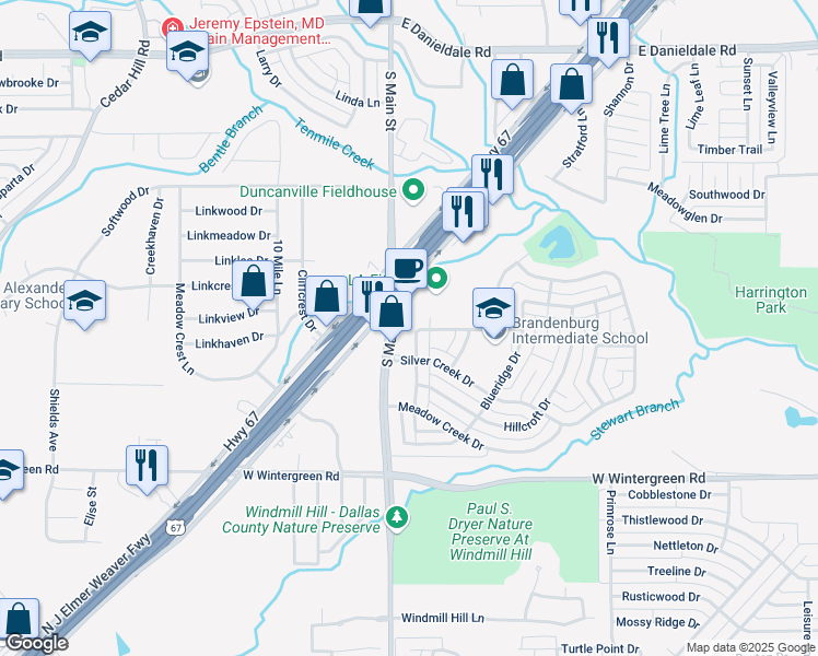 map of restaurants, bars, coffee shops, grocery stores, and more near 1905 Spindletop Drive in Duncanville