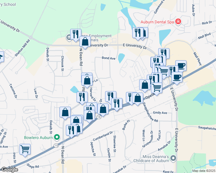 map of restaurants, bars, coffee shops, grocery stores, and more near 1114 Country Circle in Auburn