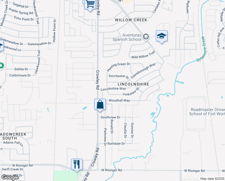 map of restaurants, bars, coffee shops, grocery stores, and more near 1824 Yorkshire Street in Fort Worth