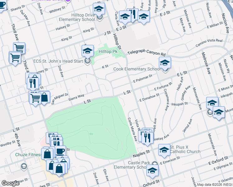 map of restaurants, bars, coffee shops, grocery stores, and more near 63 L Street in Chula Vista