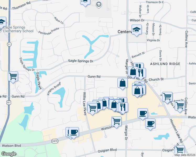 map of restaurants, bars, coffee shops, grocery stores, and more near 119 Alanwood Court in Warner Robins