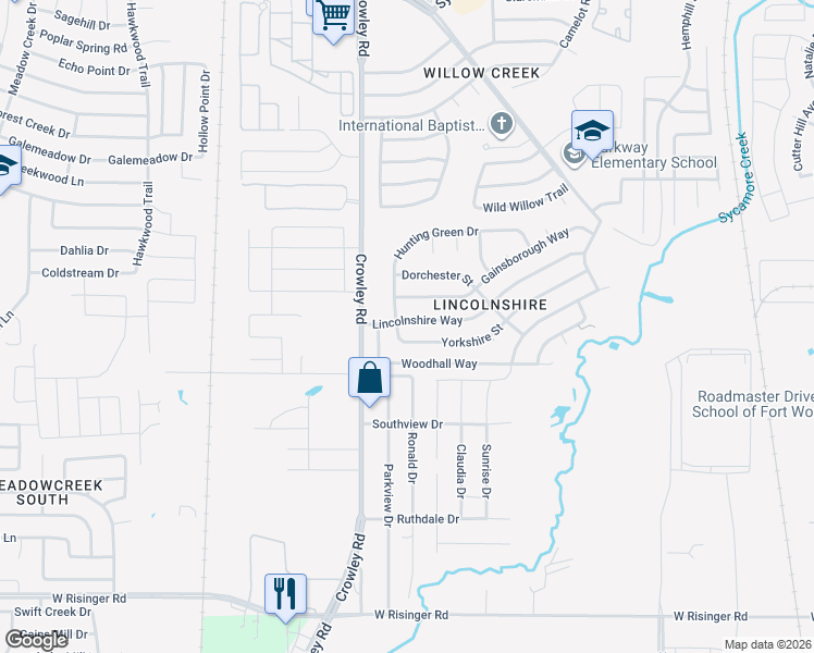 map of restaurants, bars, coffee shops, grocery stores, and more near 1825 Lincolnshire Way in Fort Worth
