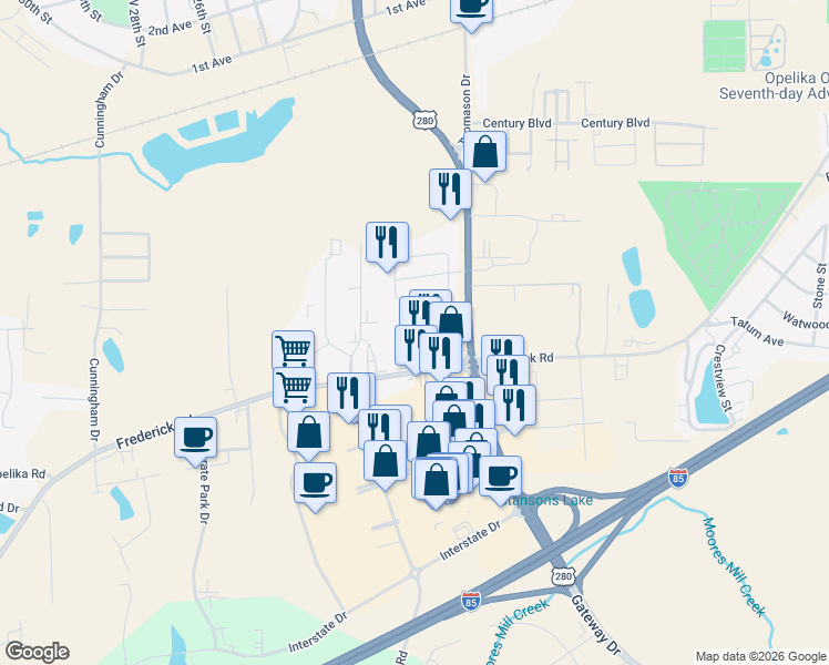 map of restaurants, bars, coffee shops, grocery stores, and more near 2101 Henderson Drive in Opelika