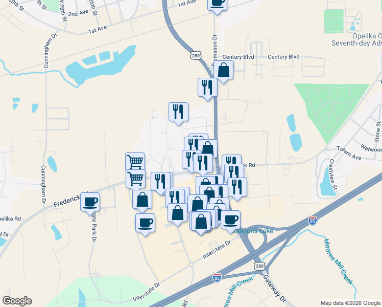 map of restaurants, bars, coffee shops, grocery stores, and more near 2101 Henderson Drive in Opelika