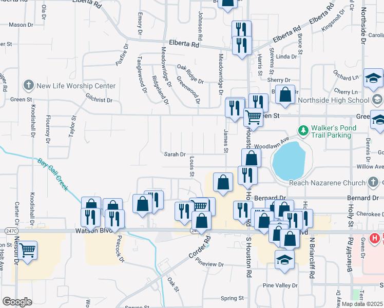 map of restaurants, bars, coffee shops, grocery stores, and more near 199 Louis Street in Warner Robins