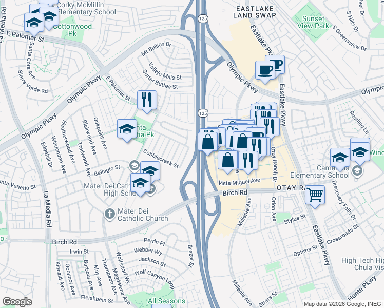map of restaurants, bars, coffee shops, grocery stores, and more near 1553 Bedford Avenue in Chula Vista