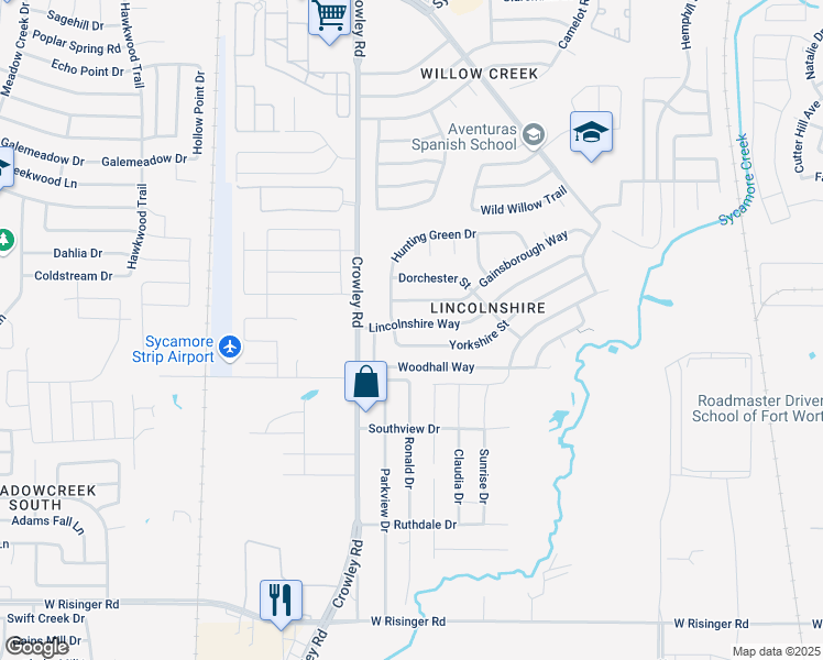 map of restaurants, bars, coffee shops, grocery stores, and more near 1817 Lincolnshire Way in Fort Worth