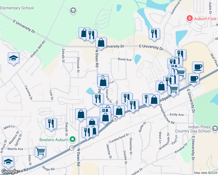 map of restaurants, bars, coffee shops, grocery stores, and more near 1083 Princeton Place in Auburn