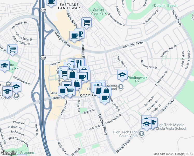 map of restaurants, bars, coffee shops, grocery stores, and more near 2131 Desert Bluffs Court in Chula Vista