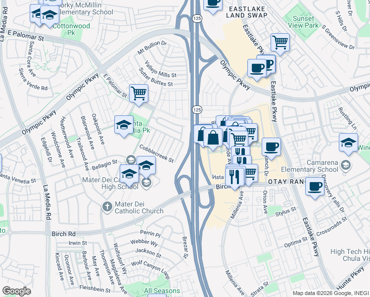 map of restaurants, bars, coffee shops, grocery stores, and more near 1553 Bedford Avenue in Chula Vista
