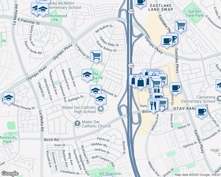 map of restaurants, bars, coffee shops, grocery stores, and more near 1561 Hunters Glen Avenue in Chula Vista