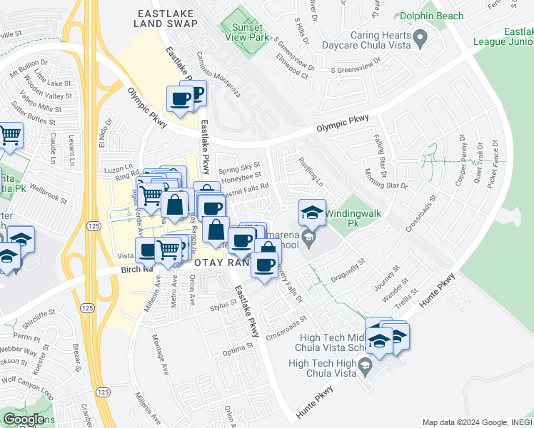 map of restaurants, bars, coffee shops, grocery stores, and more near 2174 Desert Hare Court in Chula Vista