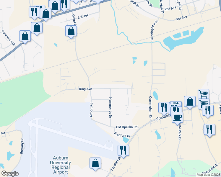 map of restaurants, bars, coffee shops, grocery stores, and more near 3201 King Avenue in Opelika