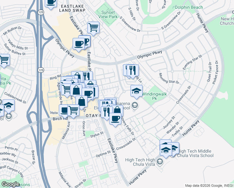 map of restaurants, bars, coffee shops, grocery stores, and more near 2174 Desert Hare Court in Chula Vista