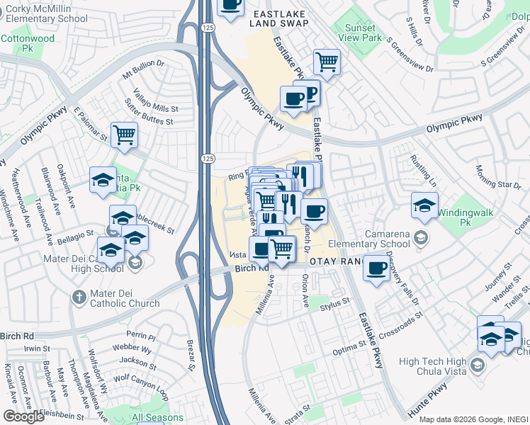 map of restaurants, bars, coffee shops, grocery stores, and more near 2015 Birch Road in Chula Vista