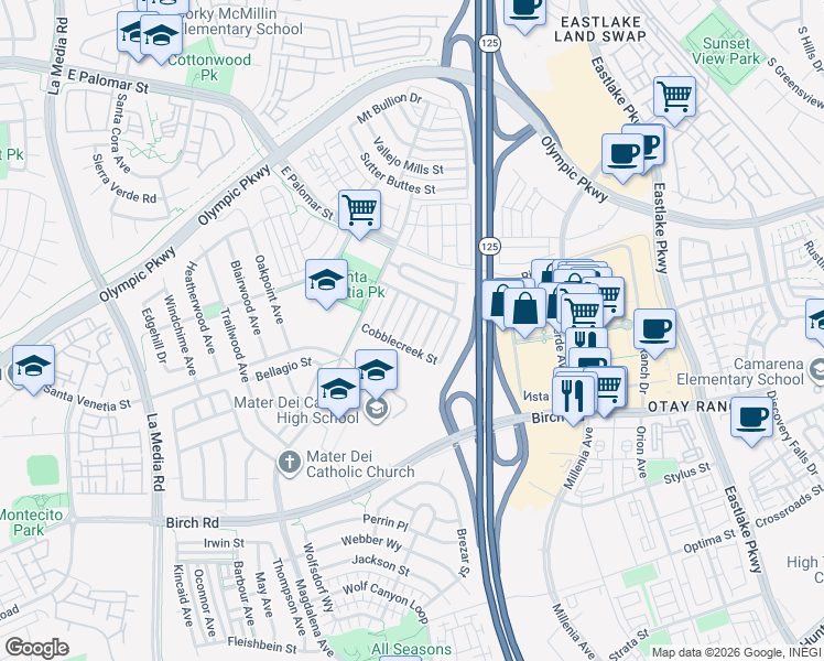 map of restaurants, bars, coffee shops, grocery stores, and more near 1561 Hunters Glen Avenue in Chula Vista