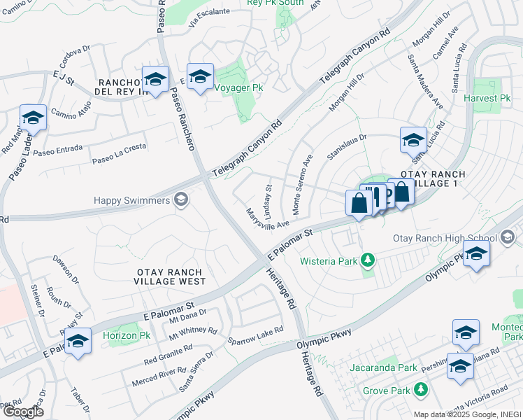 map of restaurants, bars, coffee shops, grocery stores, and more near 1290 Lindsay Street in Chula Vista