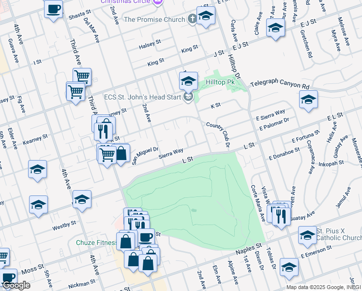map of restaurants, bars, coffee shops, grocery stores, and more near 148 Sierra Way in Chula Vista