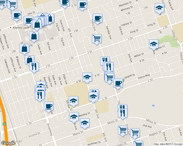 map of restaurants, bars, coffee shops, grocery stores, and more near 379 K Street in Chula Vista