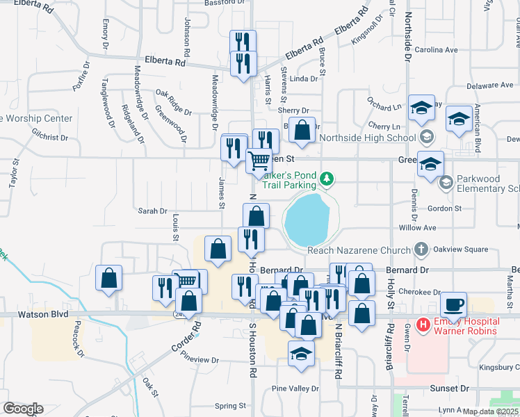 map of restaurants, bars, coffee shops, grocery stores, and more near 404 North Houston Road in Warner Robins