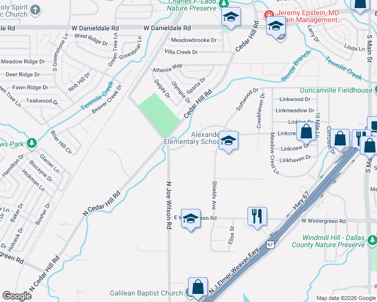 map of restaurants, bars, coffee shops, grocery stores, and more near 706 Linkcrest Drive in Duncanville