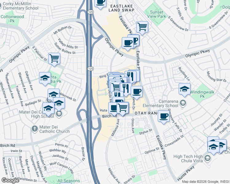 map of restaurants, bars, coffee shops, grocery stores, and more near 2015 Birch Road in Chula Vista