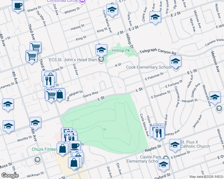 map of restaurants, bars, coffee shops, grocery stores, and more near 102 Sierra Way in Chula Vista