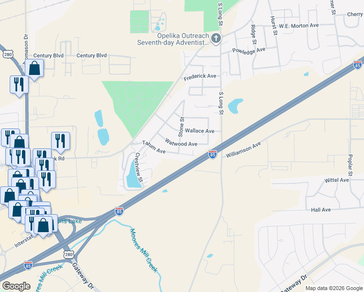 map of restaurants, bars, coffee shops, grocery stores, and more near in Opelika