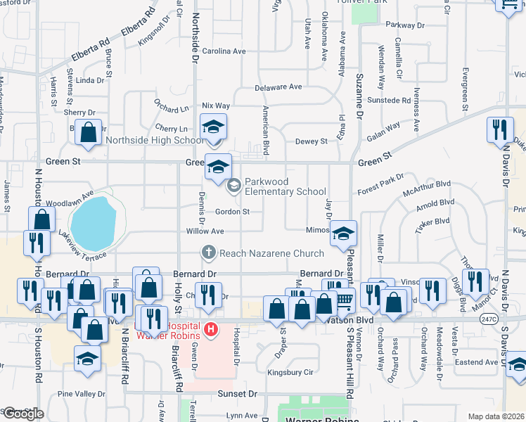 map of restaurants, bars, coffee shops, grocery stores, and more near 111 Anne Drive in Warner Robins