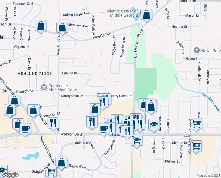 map of restaurants, bars, coffee shops, grocery stores, and more near 231 Sentry Oaks Drive in Warner Robins