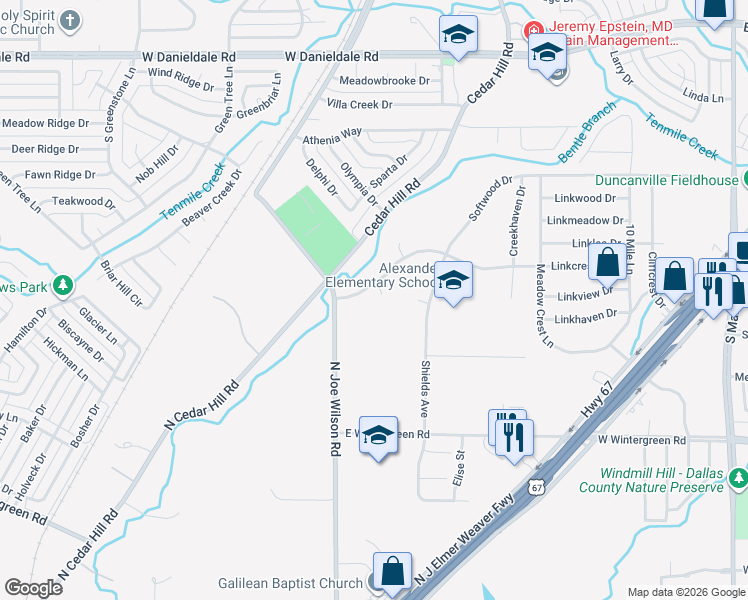 map of restaurants, bars, coffee shops, grocery stores, and more near 706 Linkcrest Drive in Duncanville