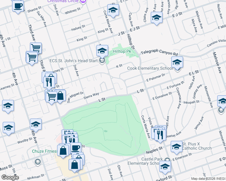 map of restaurants, bars, coffee shops, grocery stores, and more near 102 Sierra Way in Chula Vista