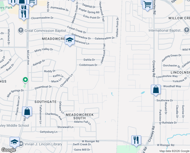 map of restaurants, bars, coffee shops, grocery stores, and more near 8008 Flora Drive in Fort Worth
