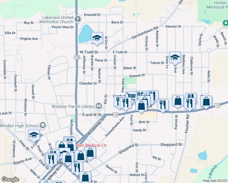 map of restaurants, bars, coffee shops, grocery stores, and more near 109 Goode Avenue in Minden