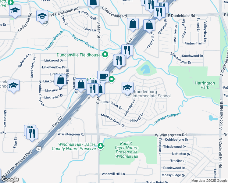 map of restaurants, bars, coffee shops, grocery stores, and more near 129 Wildwood Drive in Duncanville