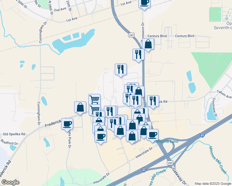 map of restaurants, bars, coffee shops, grocery stores, and more near 2128 Henderson Drive in Opelika