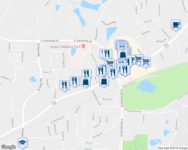 map of restaurants, bars, coffee shops, grocery stores, and more near 1057 Starr Court in Auburn
