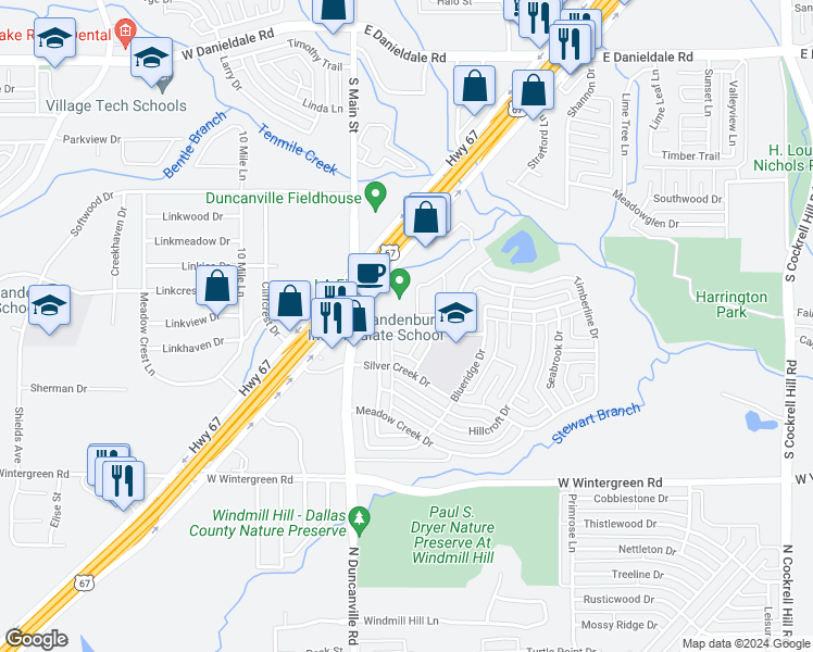 map of restaurants, bars, coffee shops, grocery stores, and more near 127 Wildwood Drive in Duncanville