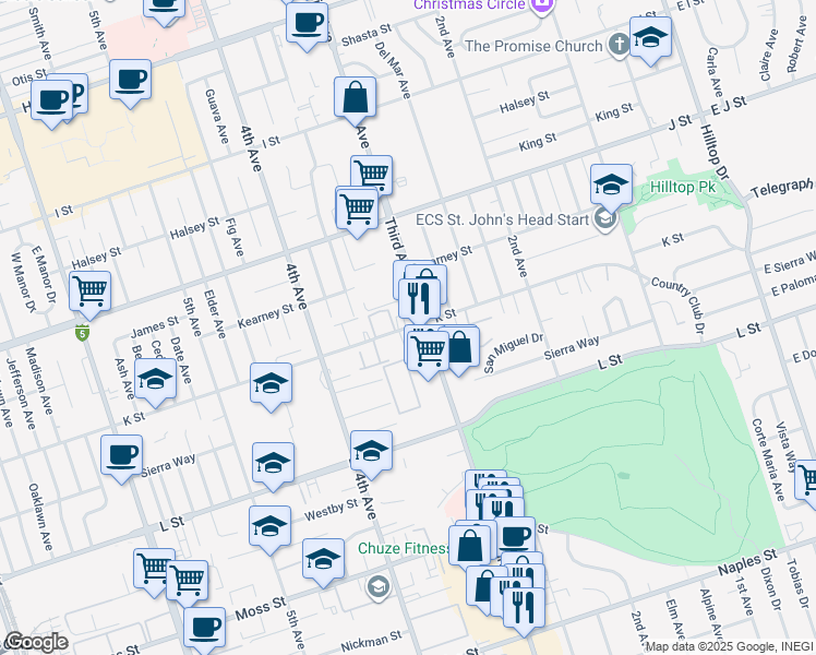 map of restaurants, bars, coffee shops, grocery stores, and more near 802 Third Avenue in Chula Vista
