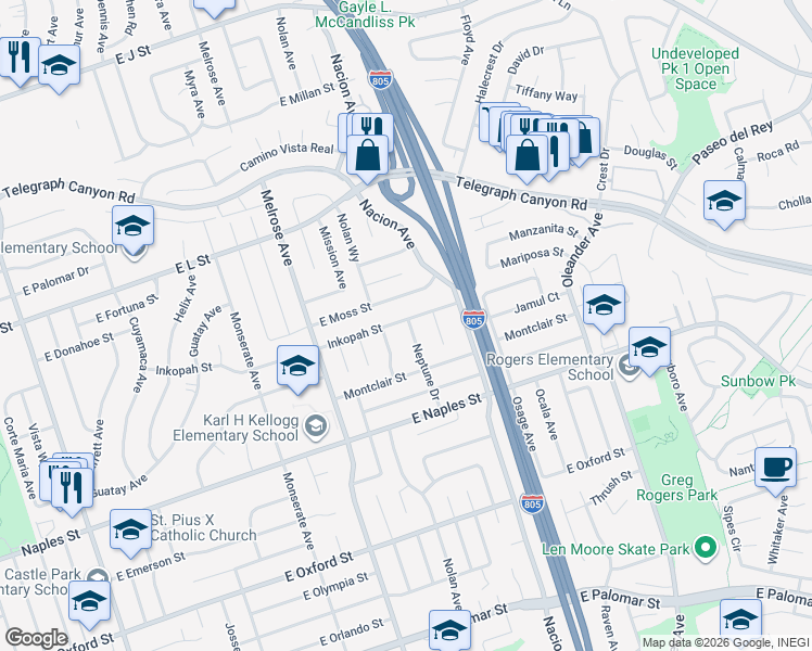 map of restaurants, bars, coffee shops, grocery stores, and more near 1009 Nolan Lane in Chula Vista