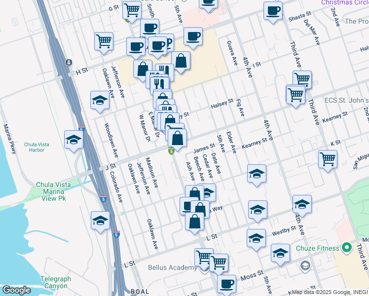 map of restaurants, bars, coffee shops, grocery stores, and more near 730 Ash Avenue in Chula Vista