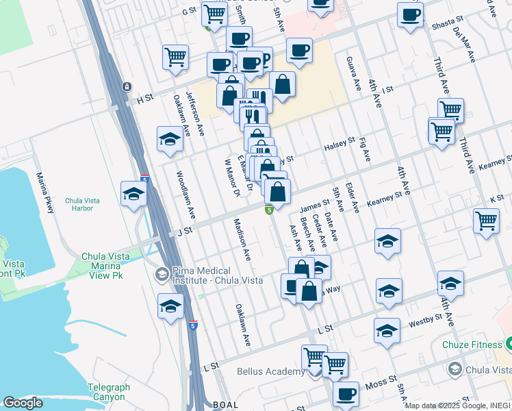 map of restaurants, bars, coffee shops, grocery stores, and more near 706 Broadway in Chula Vista