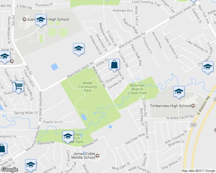 map of restaurants, bars, coffee shops, grocery stores, and more near Dundee Court in Colleyville