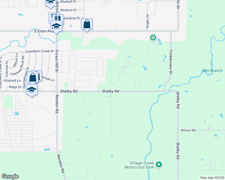 map of restaurants, bars, coffee shops, grocery stores, and more near 3801 Shelby Road in Fort Worth